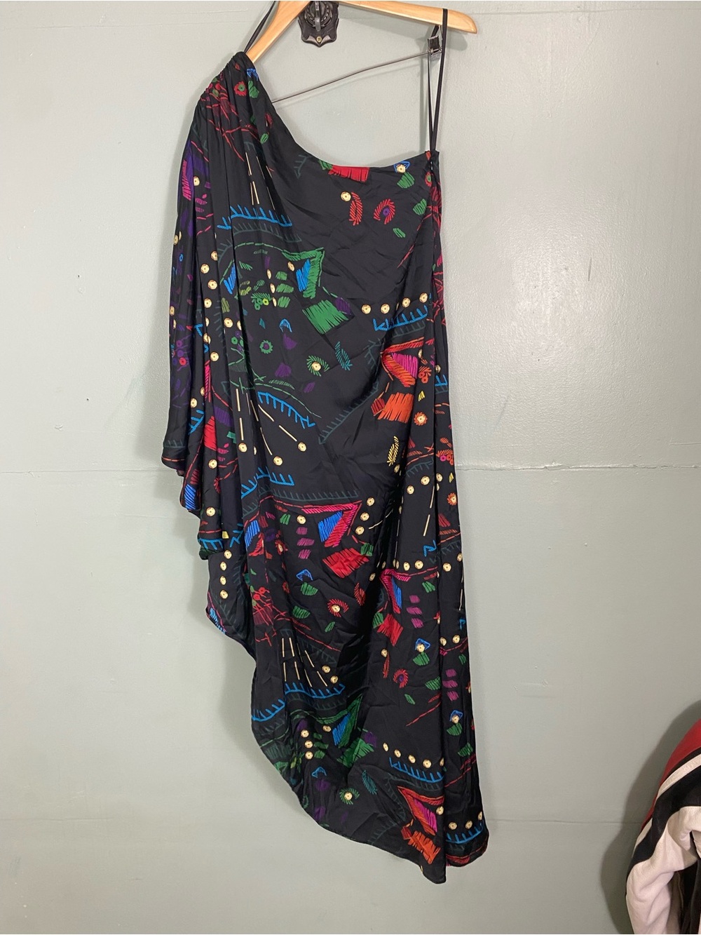 Hutch Printed One Shoulder Gown Maxi Dress Black Multi Artsy Vacation XL - Picture 2 of 9